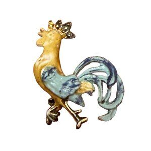 Vintage Enamel Rooster Brooch Pin Multicolor Metal Animal Jewelry Retro